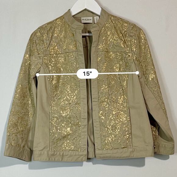 Chico’s Women’s Platinum Khaki Denim Floral Gold Metallic Jacket Size Small EUC - Picture 7 of 8